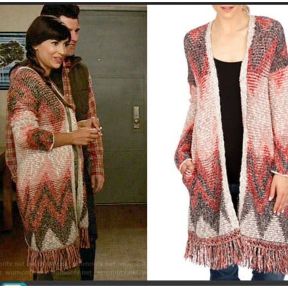 Lucky Brand Fringed Chevron Cardigan Knit Sweater Womens Size Medium Open Boho